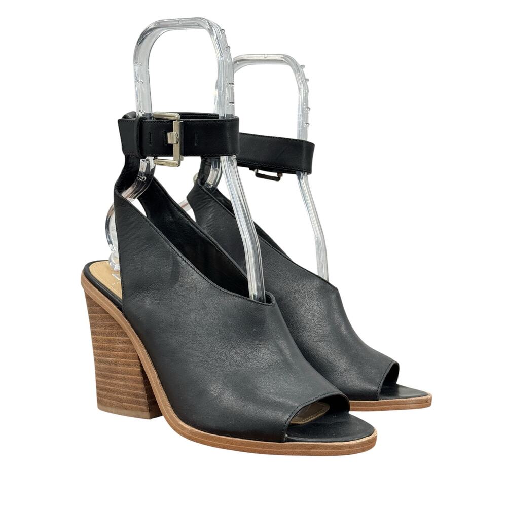 Marc‎ Fisher Sandal Vidal Black Leather Ankle strap SZ 8 Women’s Heels Peep Toe